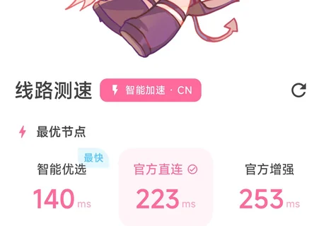 PicACG 线路测速界面:智能优选 140ms、官方直连 223ms 与官方增强 253ms